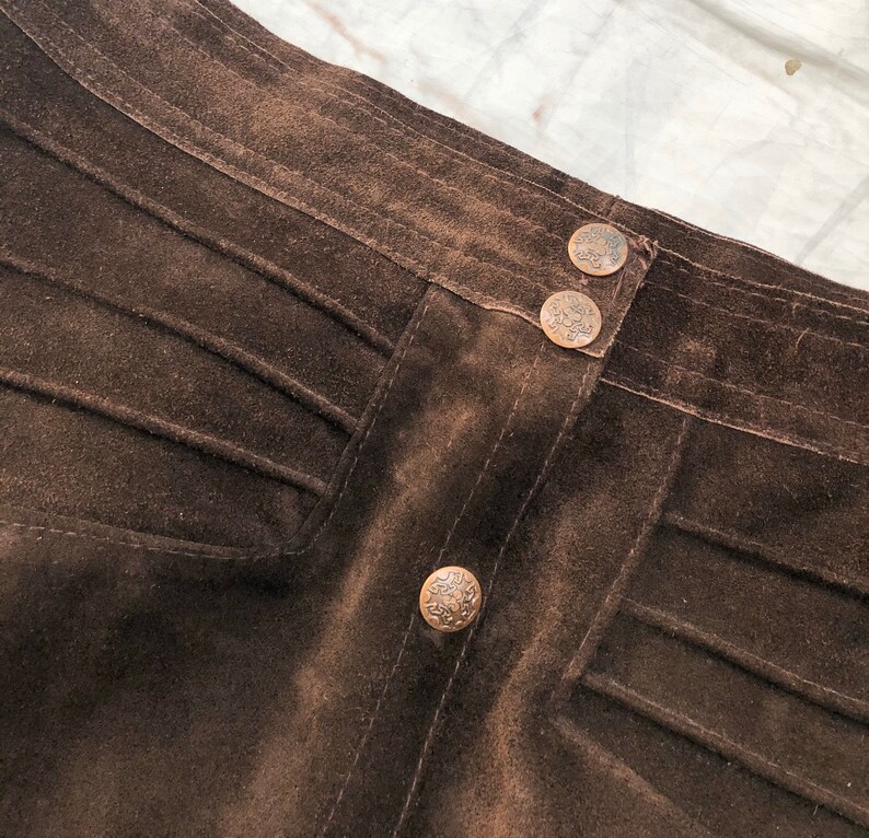 Vintage 70s Brown Suede Leather Midi Skirt Snaps L Hippie Western