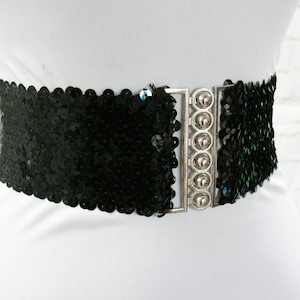 Cintura elastica larga con paillettes, stile vintage retrò anni &#39;80, stile disco glam rock, nera, 20-28&quot; XS S M