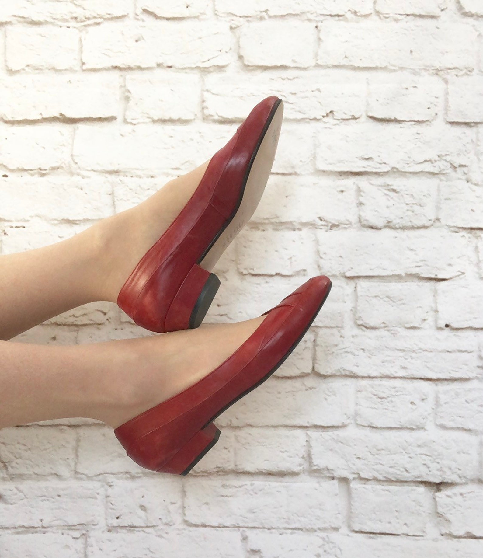 vintage 80s red leather ballet slip-on low heel shoes pumps 7