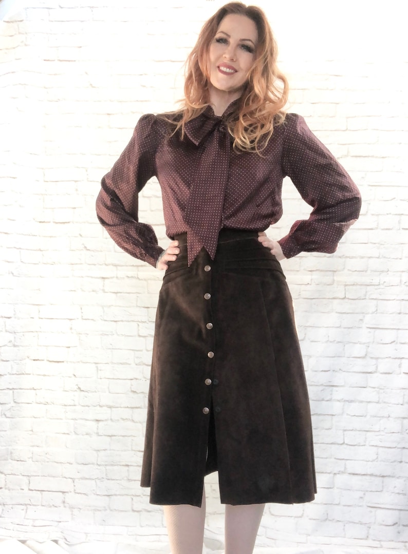 Vintage 70s Brown Suede Leather Midi Skirt Snaps L Hippie Western