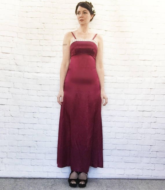 Vintage 70s Burgundy Satin Lace Trim Maxi Dress X… - image 4