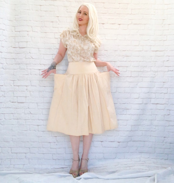 Vintage 70s Safari Riding Skirt M Buttercream Midi