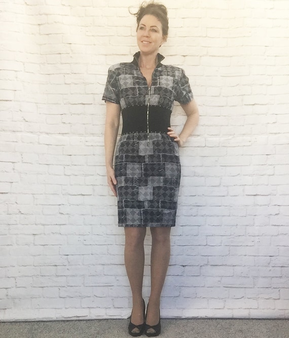 Vintage 90s Hip Hop Patchwork Madras Denim Chambray Dress Xs S Fitted Wide Waist Metal Studs Zippers