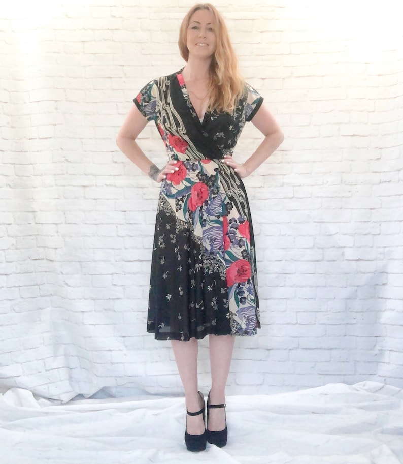 Vintage 70s Border Contrast Print Faux Wrap Dress Black Floral Poppies Abstract Stripes L