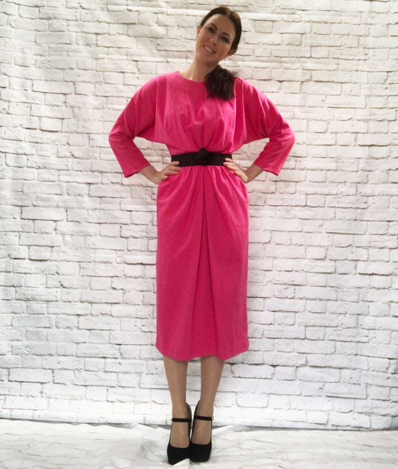 Vintage 80s Pink Knit Dolman Sleeve Midi Dress Gathered Pockets