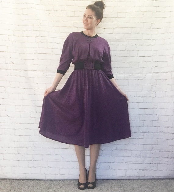 Vintage 80s Heather Purple Black Knit Midi Dress Wide Stretch Belt Button Details S M Vintage 80s Heather Purple Black Knit Midi Dress Wide Stretch Belt Button Details S M