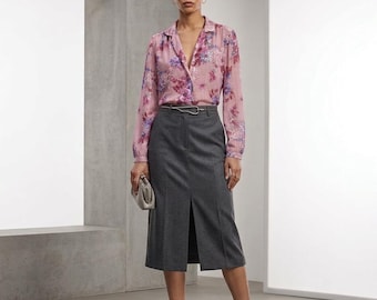 Blusa vintage de los años 80 con estampado floral abstracto rosa y rayas, manga larga.