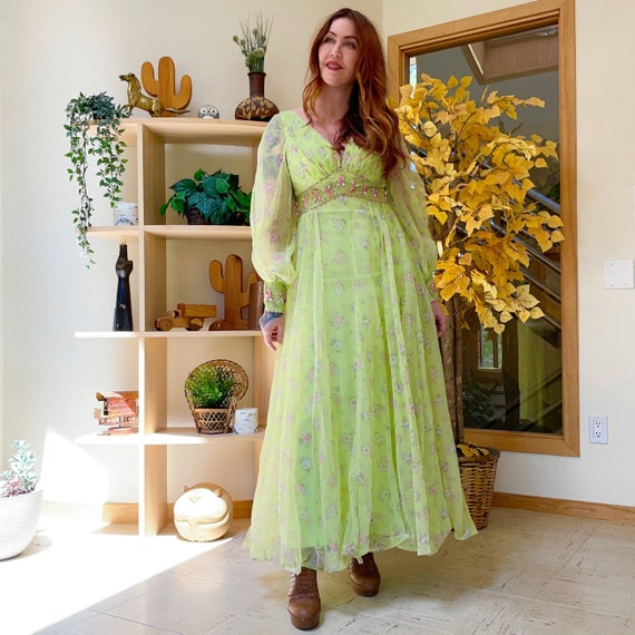Vintage 60s does Medieval Princess Sheer Floral Beaded Maxi Dress XS S Green Fairy Cottage Core