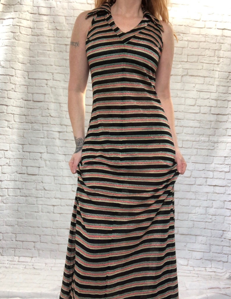 Vintage 60s Metallic Rainbow Striped Maxi Dress Halter Pointed Collar Knit Clearance M L