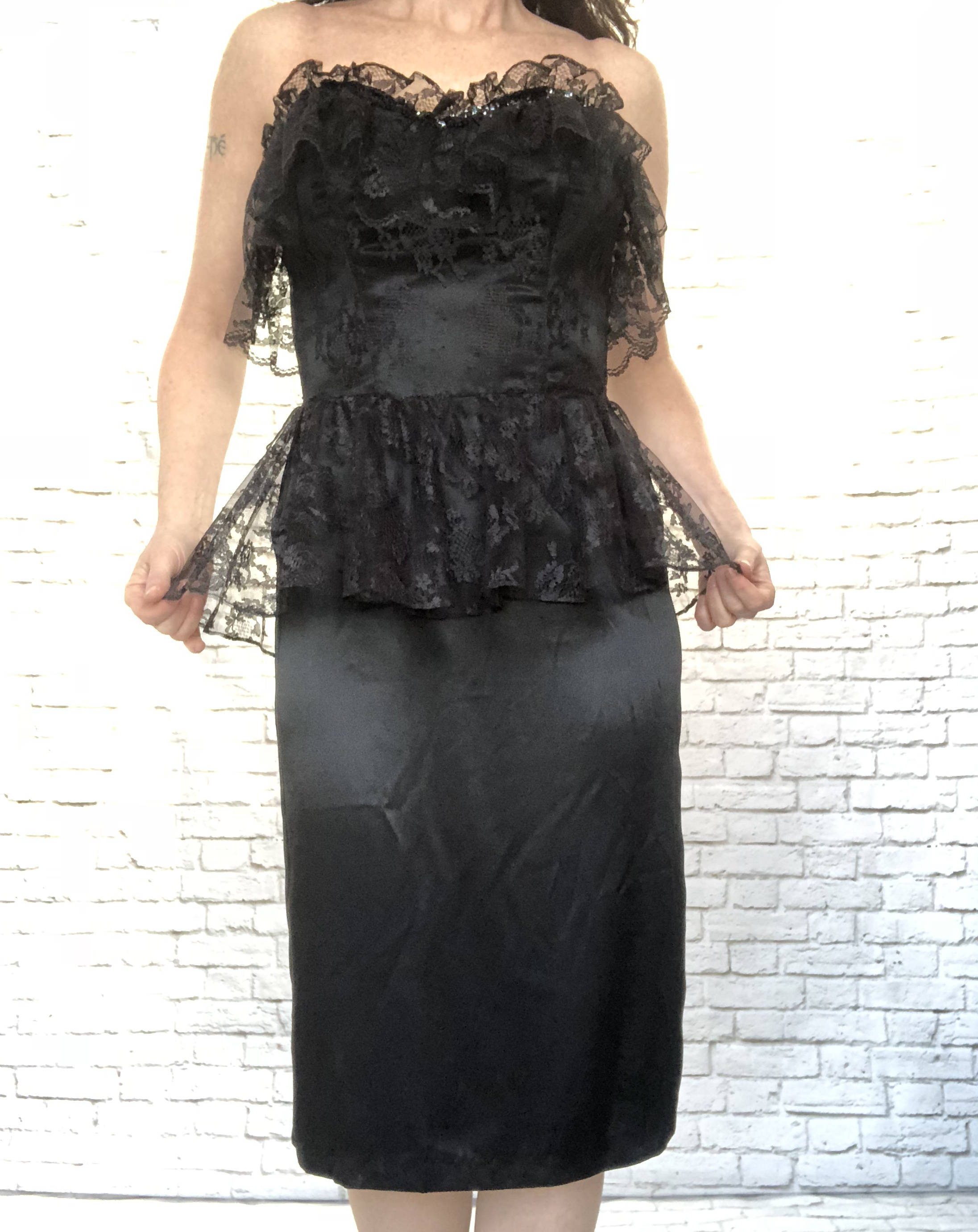 Vintage 80s Black Satin Lace Ruffled Peplum Strapless Party Dress S M ...