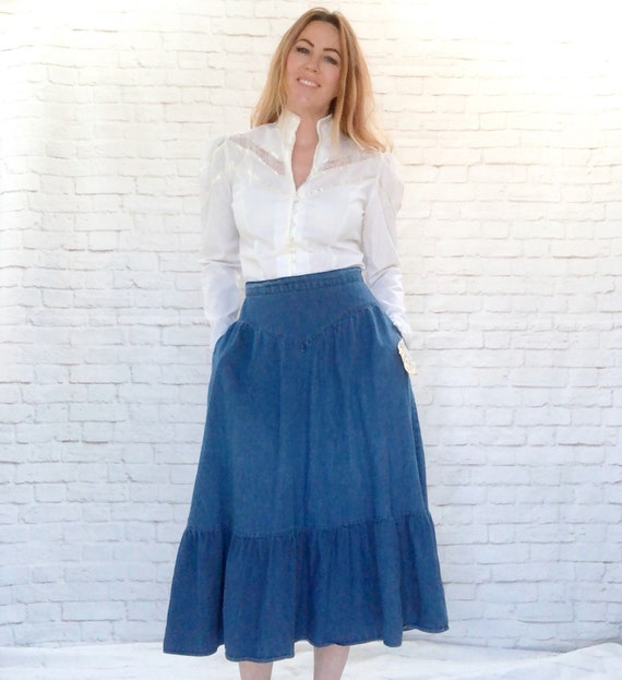 Vintage 70s Gunne Sax Denim Prairie Skirt Ruffled