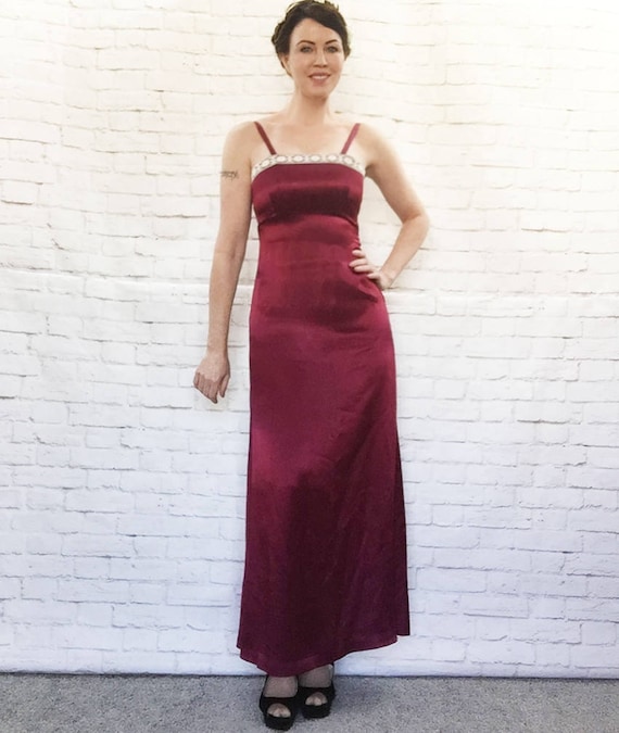 Vintage 70s Burgundy Satin Lace Trim Maxi Dress X… - image 1