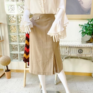 Vintage 70s Khaki Pleated Slit A-Line Midi Skirt S *flawed/clearance*