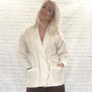 Vintage 80s Gunne Sax Embroidered Oversized Linen Blazer Jacket S M Cream