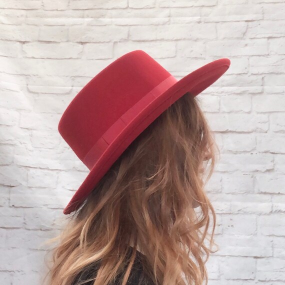 Vintage 80s Red Wide Brim Flat Boater Top Fedora W