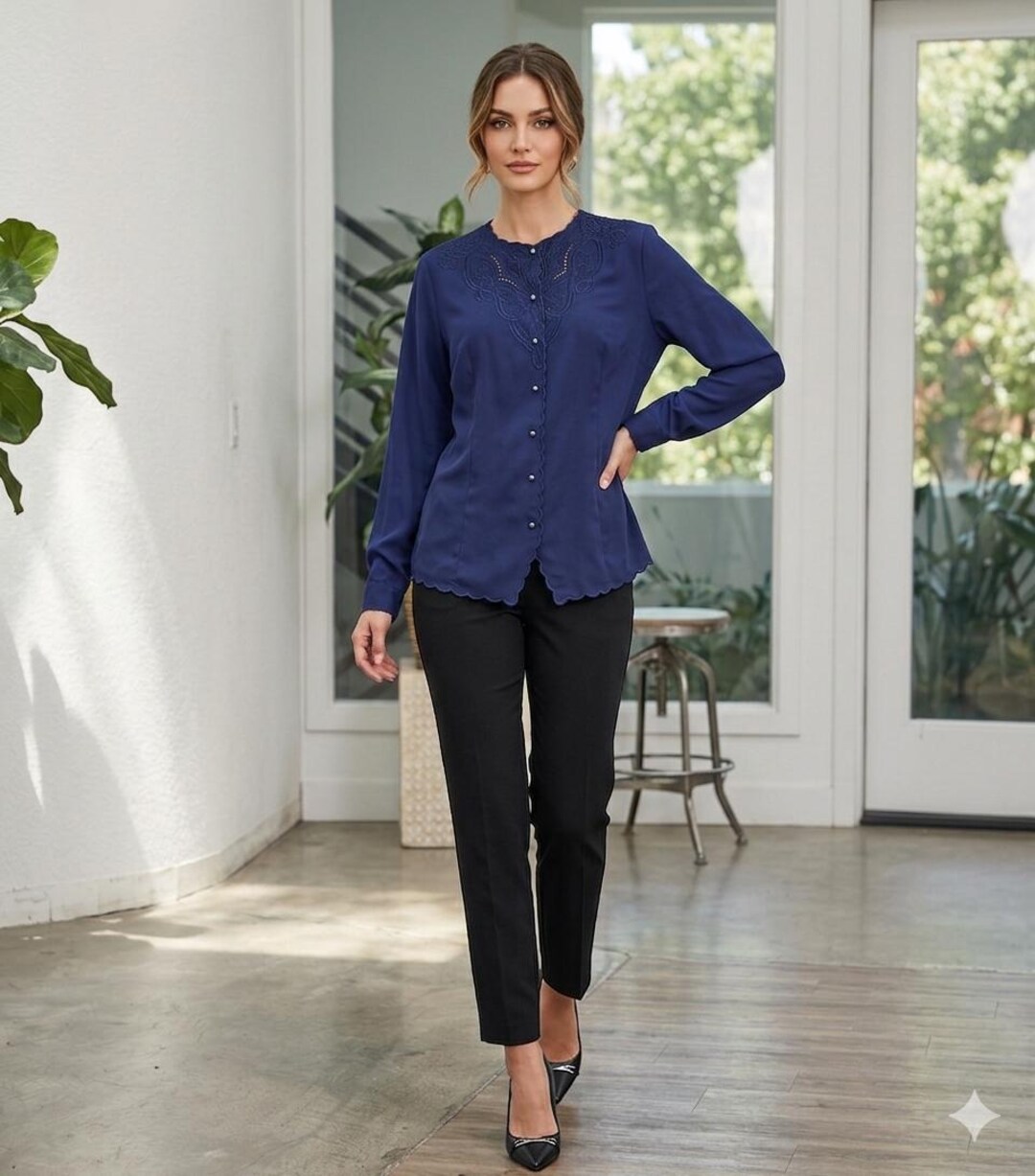 Vintage 80s Navy Blue Embroidered Eyelet Lace Trim Blouse Top Long