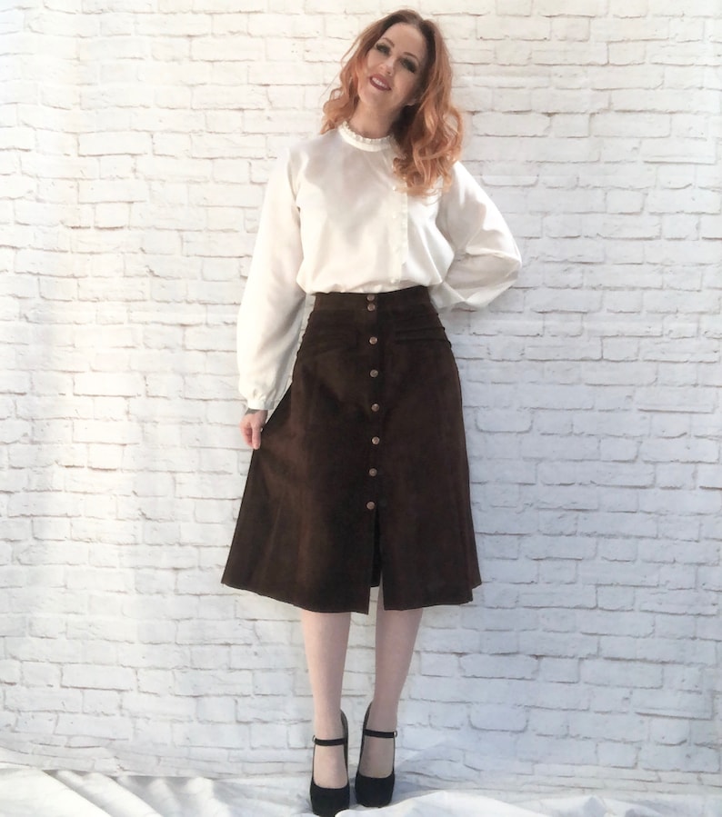 Vintage 70s Brown Suede Leather Midi Skirt Snaps L Hippie Western