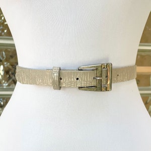 Vintage 80s Gray Faux Gator Snakeskin Patent Leather Skinny Dress Belt XS S M 24-28” Art Deco