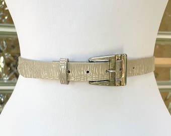 Vintage 80s Gray Leather Gold Abstract Buckle Dress Belt M  display picture 1