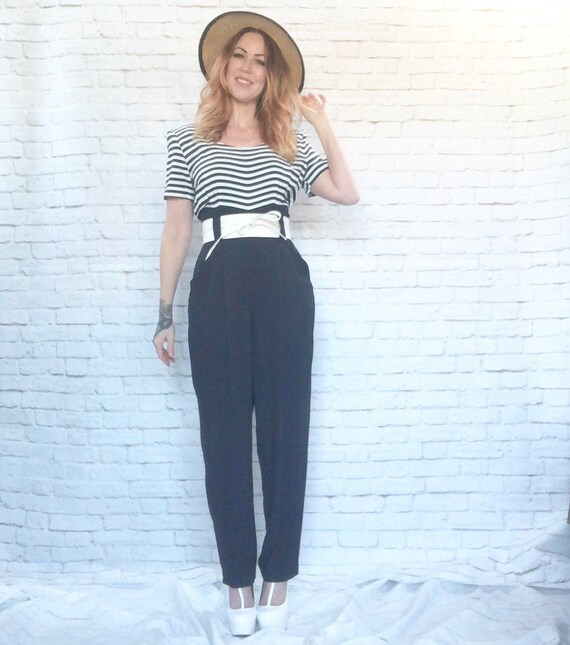 Vintage 80s Navy Striped High Waist Baggy Pants Ju