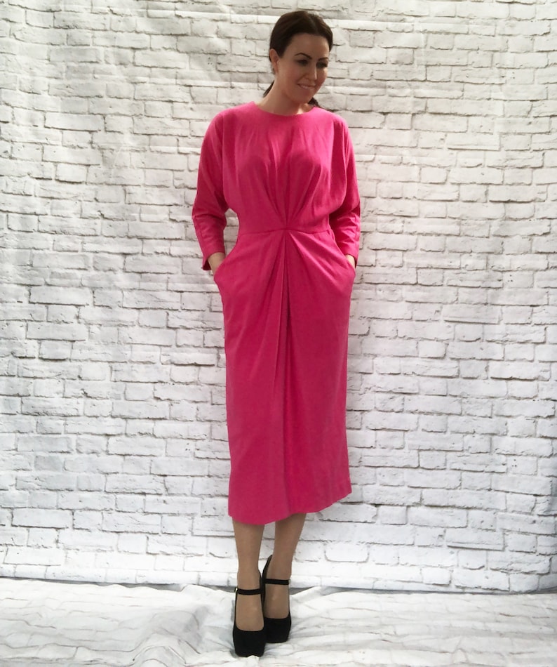 Vintage 80s Pink Knit Dolman Sleeve Midi Dress Gathered Pockets