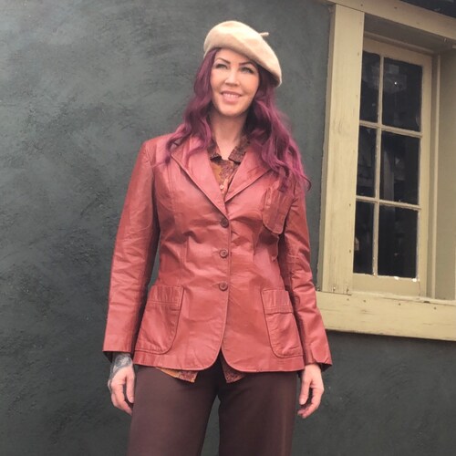 Vintage 70s Leather Jacket Fitted Waist Rust Red shops Brown Pockets L