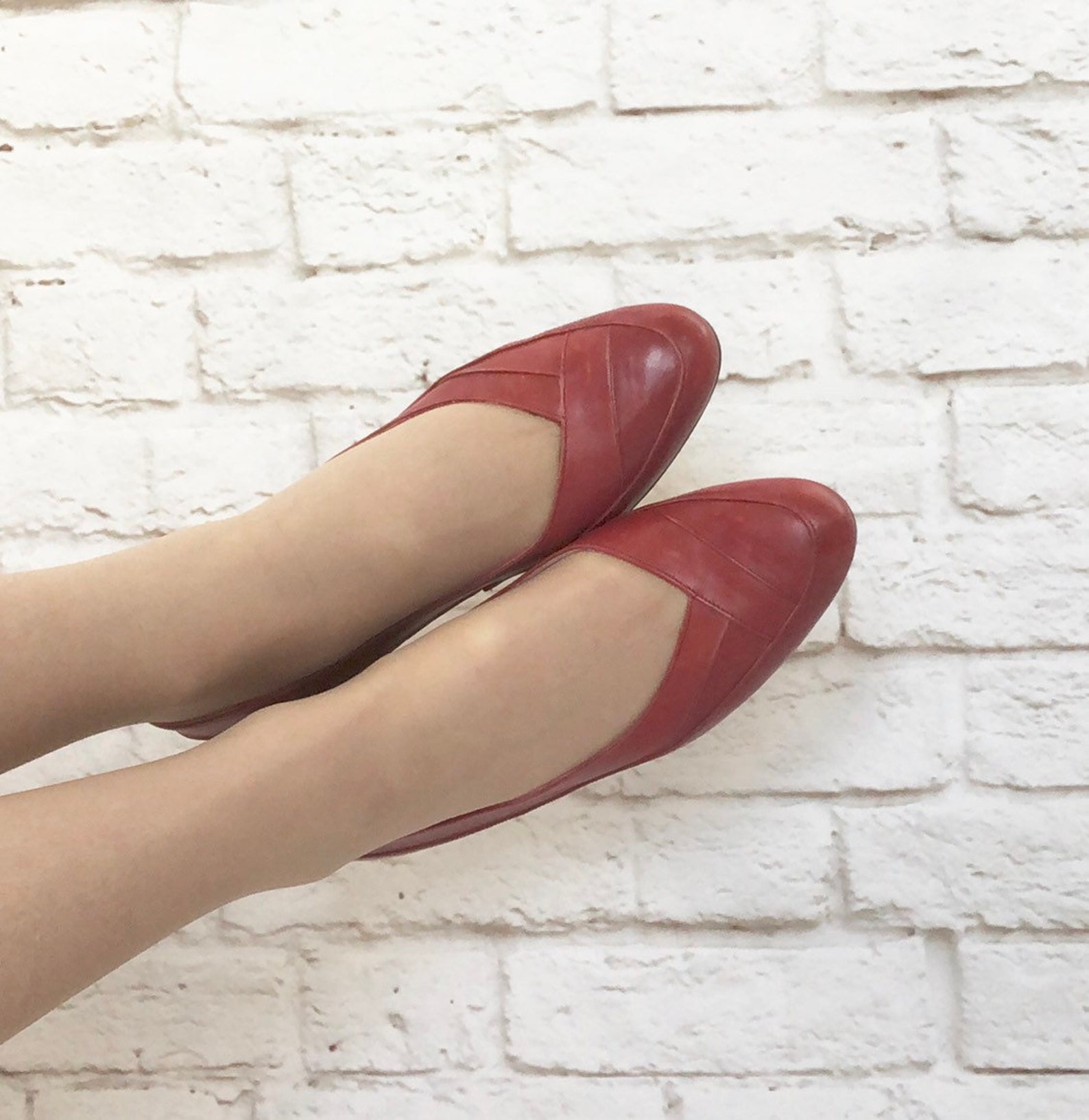 vintage 80s red leather ballet slip-on low heel shoes pumps 7