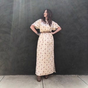 Vintage 90s does 70s Cascade Floral Flutter Sleeve Maxi Dress Belted Pockets M L *clearance*