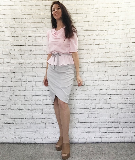 Vintage 80s Peplum Top Belted Dress Pink Gray Tulip Skirt Soft Knit Retro 40s