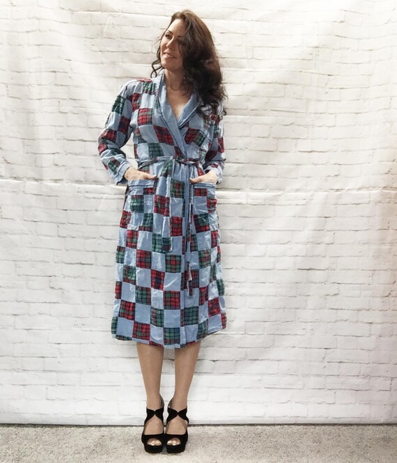 Vintage 80s Preppy Madras Patchwork Plaid Chambray