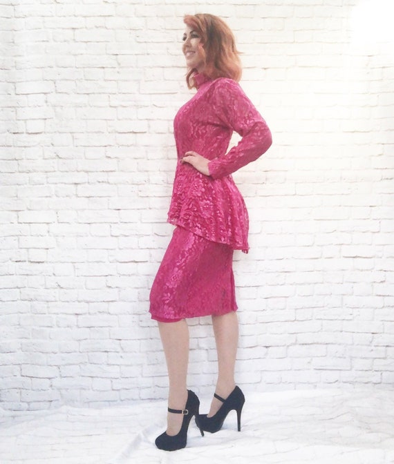 Vintage 80s Fuchsia Lace Peplum Dress High Neck Long Sleeve Pencil Sheer M  - Etsy Israel