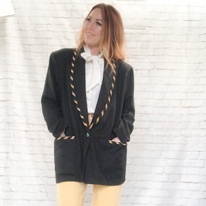 Vintage 90s Oversized Boyfriend Menswear Leather Trim Black Blazer Jacket L Pockets Southwestern