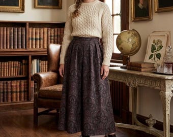 Vintage jaren 80 Heritage Chic pruimkleurige paisley midi-rok M wol/linnen