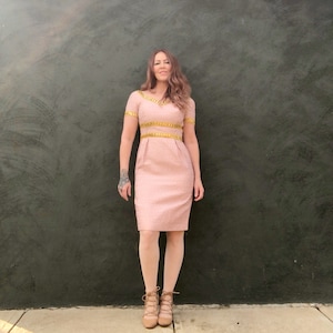 Vintage 60s Sequined Party Dress Gold Pink Damask Embroidered Silk Brocade S M