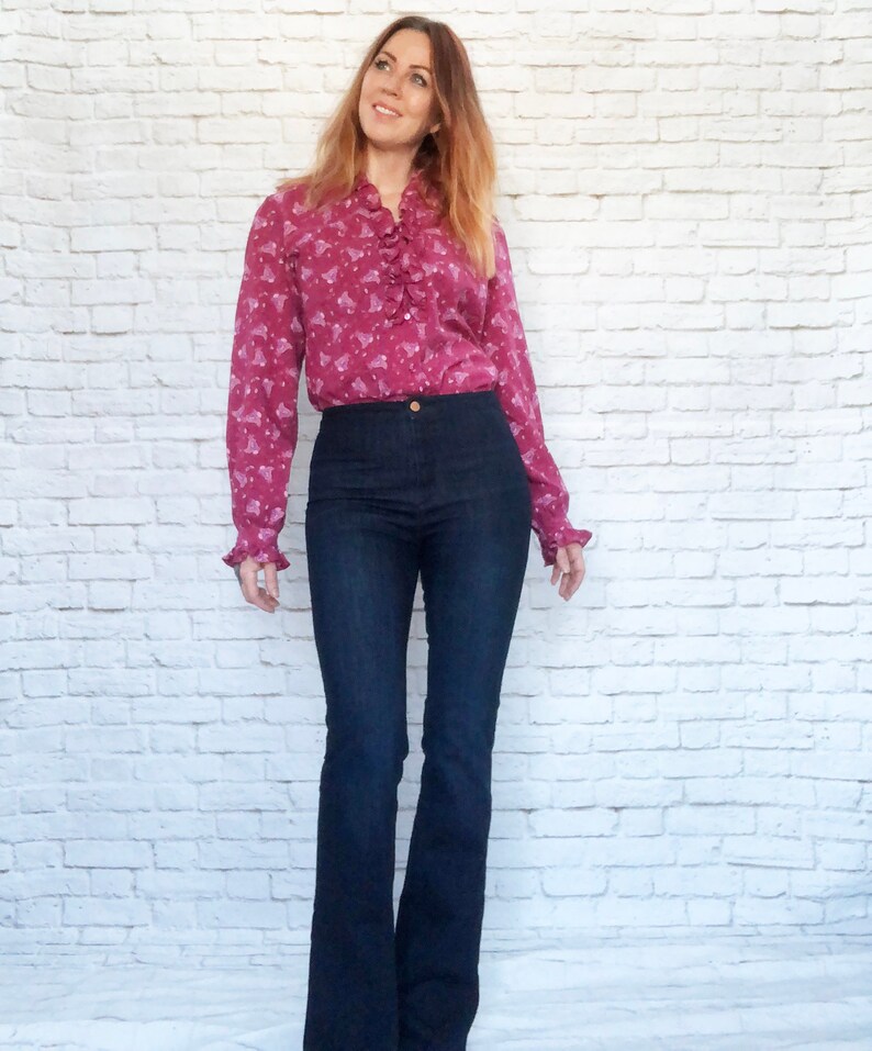 Vintage 80s Magenta Paisley Tuxedo Ruffled Cuff Collar Blouse Top XL