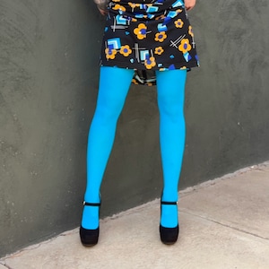 Retro 90s does 60s Mod Solid Opaque Tights Pantyhose XS S M Bright Turquoise Aqua Teal Blue