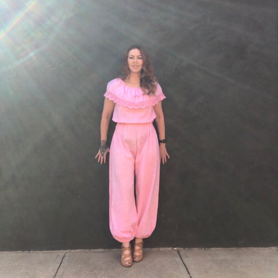 Vintage 70s Hot Pink Gauzy Jumpsuit L Macrame Lace