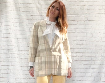 Vintage 90s Plaid Linen Oversized Boyfriend Blazer Menswear Jacket Gray Yellow Pockets M