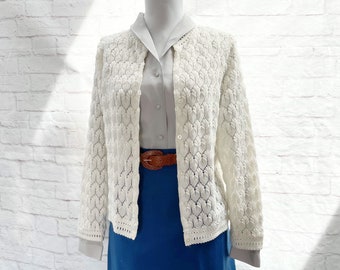 Vintage 50s Knit Cardigan Sweater White Open Weave Lace Trim S M