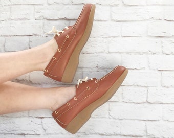 Vintage 70s Wedge Crepe Deck Shoes 9.5 Leather NOS Rust Brown Moccasins