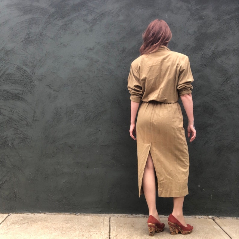 Vintage 80s Dynasty Studded Rhinestone Khaki Safari Midi Dress Flannel M