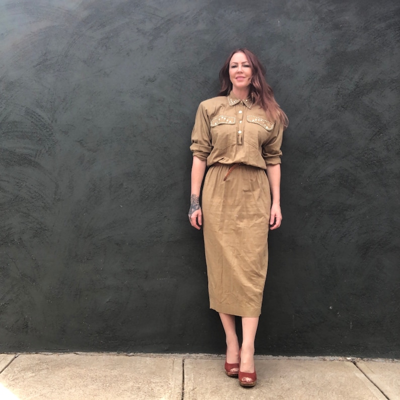 Vintage 80s Dynasty Studded Rhinestone Khaki Safari Midi Dress Flannel M