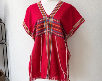 Vintage 90s Baja Fringed Woven Striped Southwestern Serape Poncho Tunic Top Vest Red Ties S/M