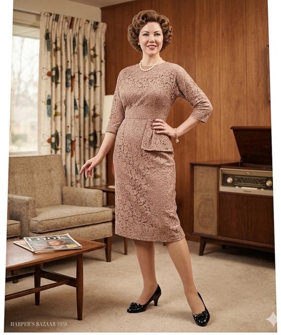Vintage 50s Taupe Mauve Lace Hip Ruffle Sash Cocktail Dress Knee Length L XL