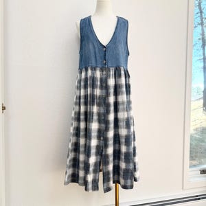 Vintage 90s Grunge Denim Vest Plaid Skirt Jumper Dress Oversized Maxi Smock S