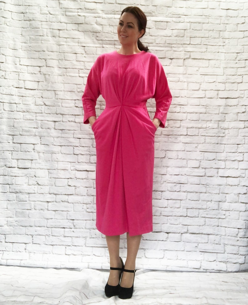 Vintage 80s Pink Knit Dolman Sleeve Midi Dress Gathered Pockets