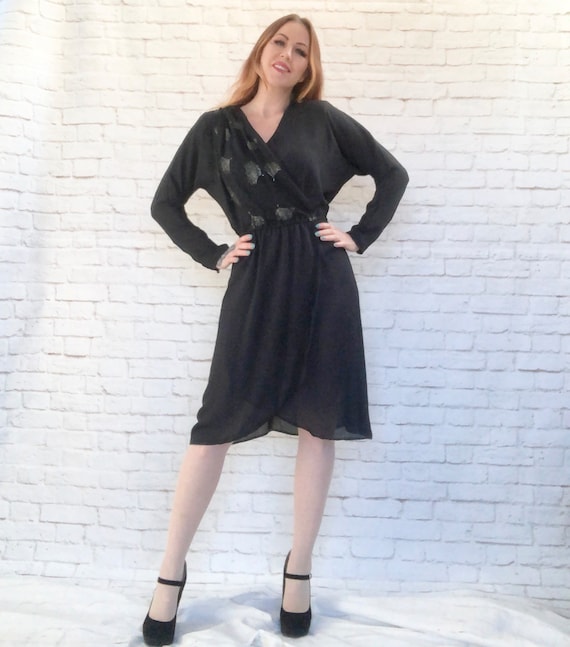 Vintage 80s Sheer Black Surplice Wrap Dress Metallic Gold Glitter Dandelion Print M Dolman Sleeves