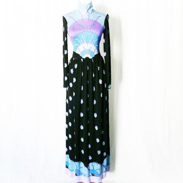 Vintage 60s Pop Art Mod Pucci Like Flower Maxi Dress S M Black Long Sleeve Turtleneck Psychedelic