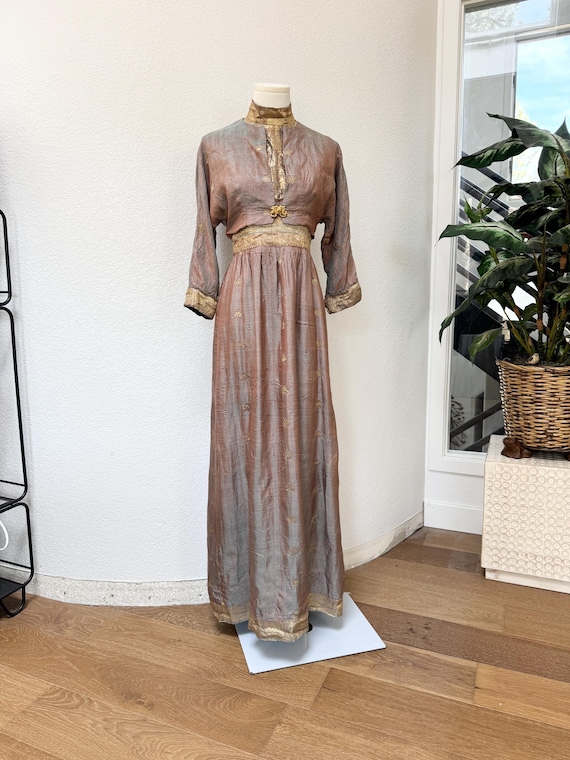 formal dress bolero jacket Vintage 60s 2pc Maxi Hostess Party Satin S Pink Gold Damask Brocade colour_white
