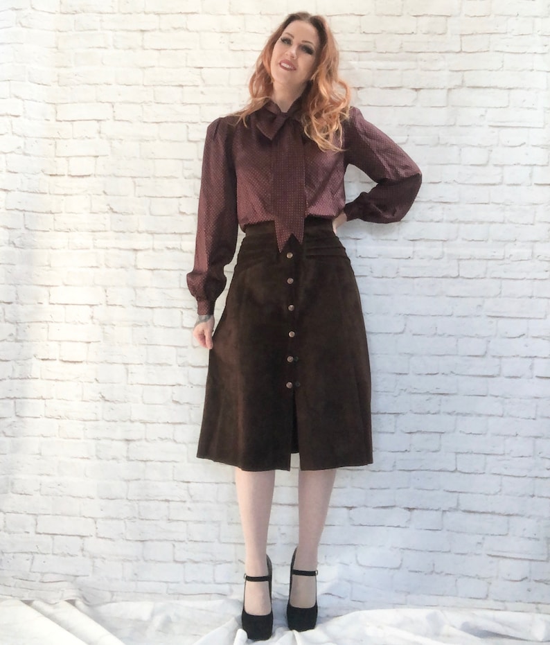 Vintage 70s Brown Suede Leather Midi Skirt Snaps L Hippie Western